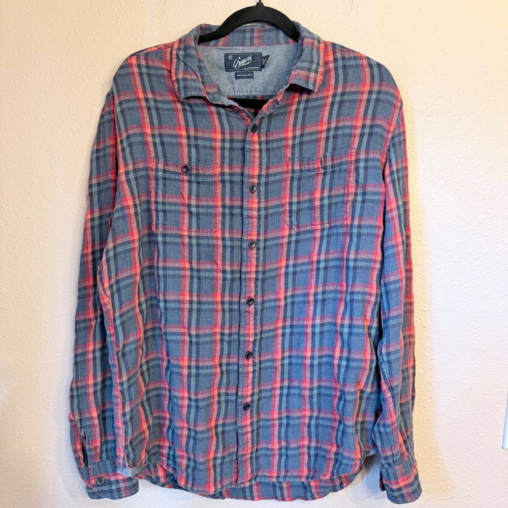 Grayers Clothiers Mens Large Blue Red Plaid Flannel Button Down Shirt Cotton